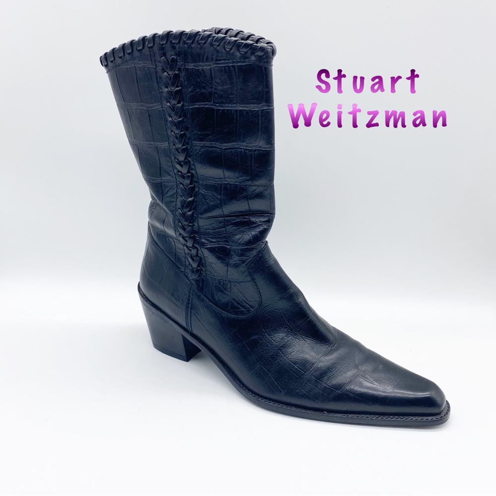 Stuart Weitzman-Black Leather Braided Reptile Pointed Heel Western Boot 8